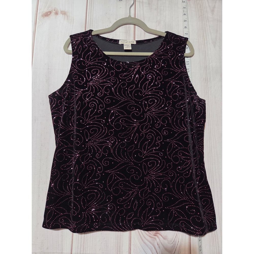 Notations Black Velvet Sleeveless Top Sparkle Embellished Swirl Women's XL‎